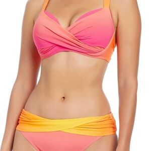 Bleu Rod Beattie Rosa bikini set- sunset orange & pink cross back ruched bikini